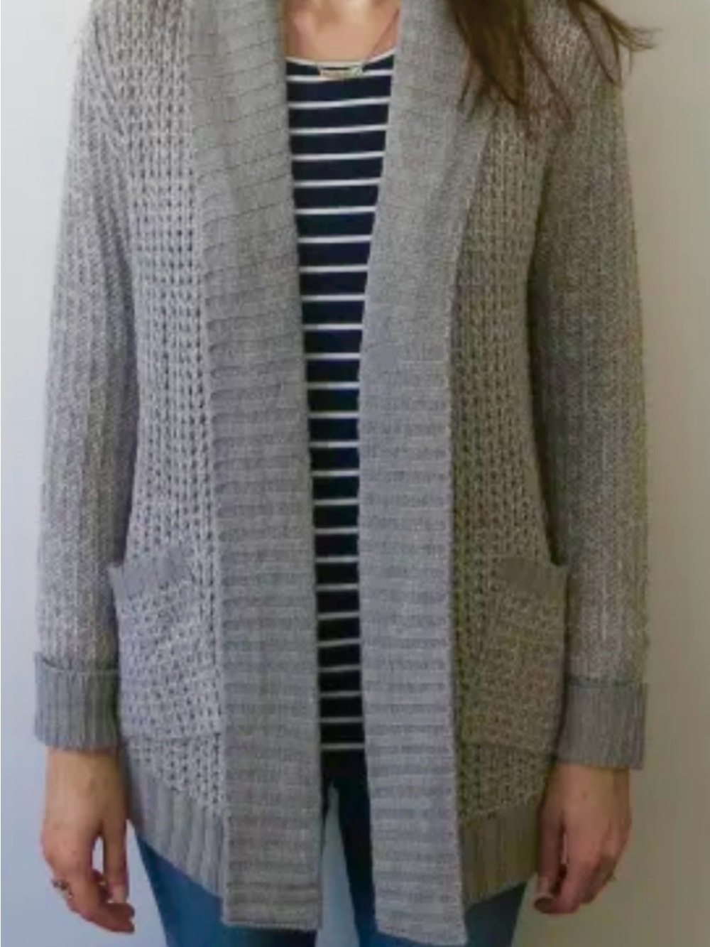 RD Style Gray Oversized Chunky Knit Open Front Cardigan Sweater Pockets S